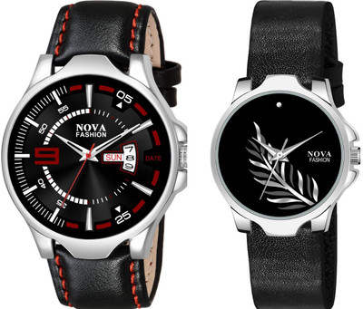 NOVA Day & Date Series Leather Strap Couple Watch Analog Watch  - For Couple