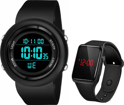 Trex TR-0102 Black Color New Arrival Silicon Strapl Pack of 2 Combo Men And Boys Alrarm Digital Watch  - For Boys