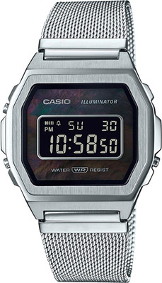 CASIO A1000M-1BEF Vintage Black Dial Silver Stainless Steel Mesh Band Digital Watch  - For Men & Women