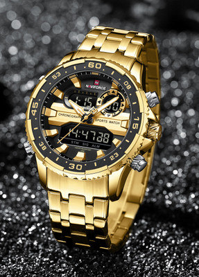NAVIFORCE Versatile combination of Gold strap and Black dial Analog-Digital Watch  - For Men