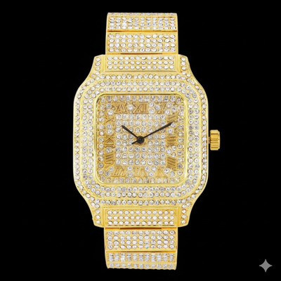LOOFTRADER WW19 Golden Link Strap Iced Out Square Dial Gents Watch Analog Watch  - For Men & Women