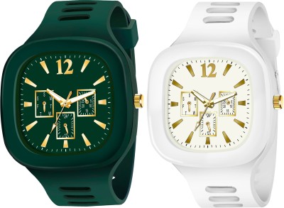 SHURAI new_new_green_white_watch Men New Combo Of Black and White Square Dial with Silicone Strap Analog Watch  - For Boys