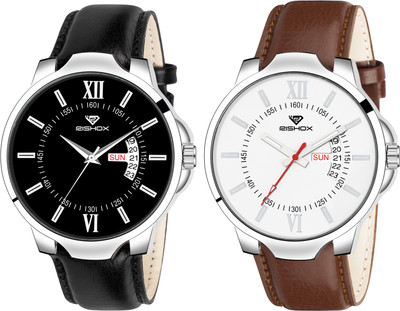 Rishox Classy look premium quality wrist Watch New Track Dial, Day & Date, White Brown Leather Strap Analog Watch  - For Men