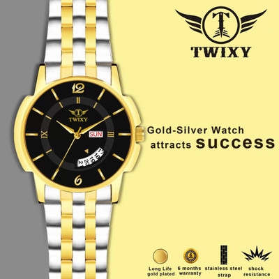 TWIXY TY-J16-1 T-TONE-BLACK TWIXY Day & Date Black Dial & Original To-Tone Gold Plated Adjustable Bracelet Analog Watch  - For Men