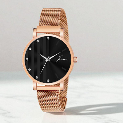 JAINX JW8612 Black Dial Rose Gold Mesh Chain Analog Watch  - For Women