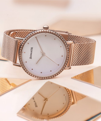 SONATA Sonata 2 Quartz White Dial Rose Gold Stainless Steel Strap Watch Analog Watch  - For Women