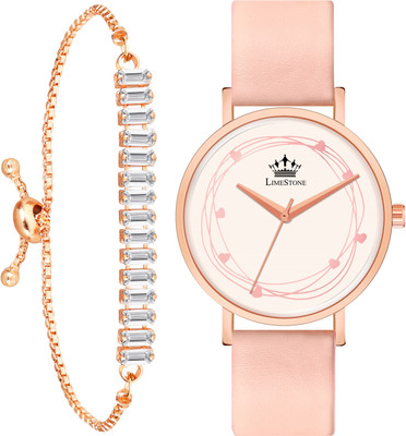 LIMESTONE Roseate Pink Rose Cute Prints Boho Designers watch & AD bracelet stack Analog Watch  - For Women