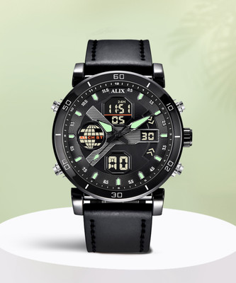 Alix Opulent Black leather strap cordial paired with a black dial Analog-Digital Watch  - For Men