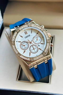 Lucifer DRM029 - BLUE Fashionable Rose gold Dial Diamond Date Display Watch - For Men Day & Date Feature Big Dial Smooth Silicon Strap Analog Watch  - For Men