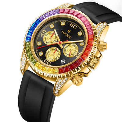 HAVOC CRAFT Waterproof Leather Brand Watch for Men & Women Luxury Fashion Rainbow Diamond Night Light Chronograph Watch Analog Watch  - For Men & Women