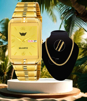 ABREXO Abx9151-GD Gold Day & Date Working Watch Date & Day Working Golden Wrist Watch With Designer Chain Special Combo for Boys Analog Watch  - For Men