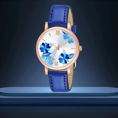 MAHAVIRA COLLECTON Blue_Leather_Flower Premium Color Smooth Finish Attractive Look Leather Blue Ladies watch for women Analog Watch  - For Women