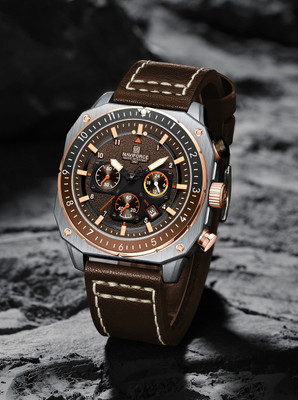 NAVIFORCE NF8057 Brown chronograph dial with brown leather strap travel quartz Analog Watch  - For Men
