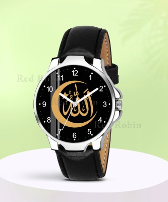 Red Robin IW006-NUM-3K-SIL-BLK-L ISLAMIC Allah Chand Design Round Dial Black Leather Strap Muslim Analog Watch  - For Men