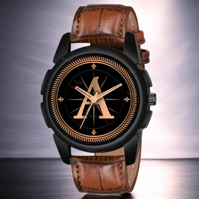 Natrix ALPHA-A-J16-BLK-DBRW-CRL Fancy Design Stylish ALPHABET A Dial Brown Leather Strap Men Wrist Watch Analog Watch  - For Boys