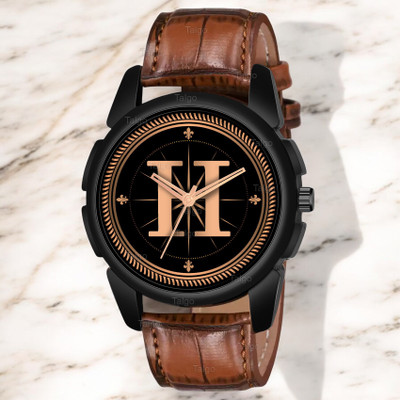 Natrix ALPHA-H-J16-BLK-DBRW-CRL Fancy Design Stylish ALPHABET H Dial Brown Leather Strap Men Wrist Watch Analog Watch  - For Boys