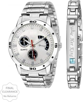Praizy Silver Dial Adjustable Length Stainless Steel Watch and Diamond King Bracelet Analog Watch  - For Men
