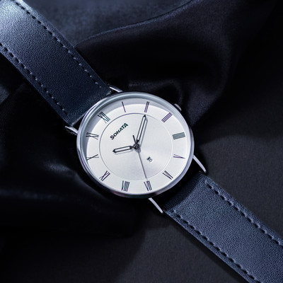 SONATA Sonata 2 with Date Silver Dial Black Leather Strap Quartz Analog Watch  - For Men