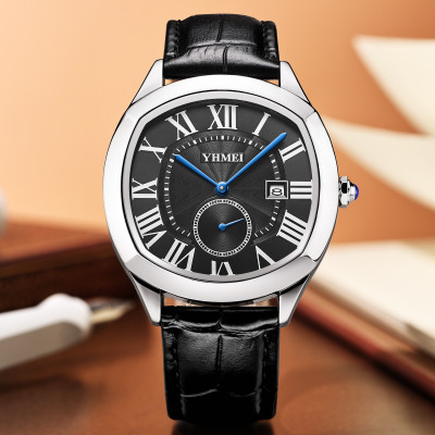 YHMEI YH8240 Silver Dial Chronograph Working Black Leather Strap Analog Watch  - For Women