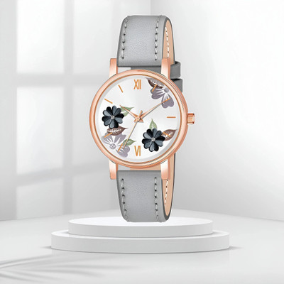 MAHAVIRA COLLECTON Grey_Leather_Flower Premium Color Smooth Finish Attractive Look Leather Grey Ladies watch for women Analog Watch  - For Women
