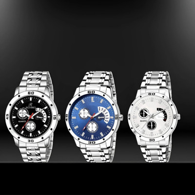 MAHAVIRA COLLECTION 3 cpmbo Avio_Steel_Black_White_Blue Stainless Steel strap patty wending watch Analog Watch  - For Men
