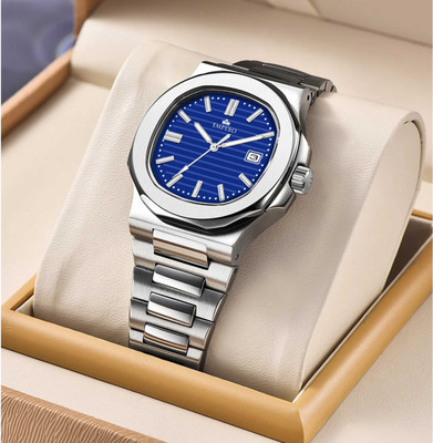 EMPERO EAB217 The Rounded Octagonal shape Date Display Blue Dial Silver Stainless Steel Belt Analog Watch  - For Men