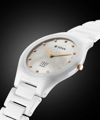Titan Edge Ceramic Quartz in Arctic White with Diamonds and Rich Mother Of Pearl Dial Analog Watch  - For Women