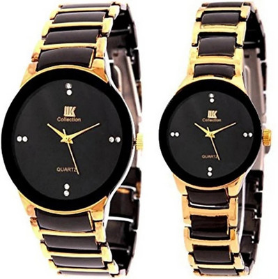 IIK Collection Stone Studded Round Black Dial with Black & Gold Metallic Bracelet Chain Strap Analog Watch  - For Couple
