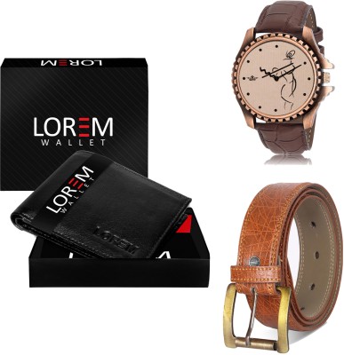 LOREM Men Combo Of Brown Watch-Black Arificial Leather Wallet & Black Belt Analog Watch  - For Men