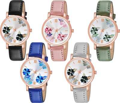 casera Flowers Set Of 5 Leathers Strap Wrist Watch For Girls And Women Analog Watch  - For Women