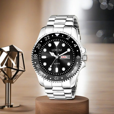 LOREM LR129 Premium Collection Black Day-Date Function Round Metal Strap Casual Analog Watch  - For Men