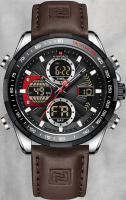 Alix Brown leather strap and Silver case with eye catchy dial stylish dual time Analog-Digital Watch  - For Men