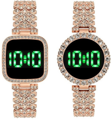 MAAN INTERNATIONAL Rosegold Diamond Studded Square-Round Dial Touch Screen Digital Watch  - For Girls