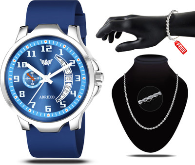 ABREXO Abx7800-Blue Silicone + C2 Silver Chain & Bracelet Blue Silicone Strap Date Working Watch With Designer Chain & Bracelet Combo Analog Watch - For Men ABREXO Abx7800-Blue Silicone + C2 Silver Chain & Bracelet Blue Silicone Strap Date Working Watch With Designer Chain & Bracelet Combo Analog Watch - For Men