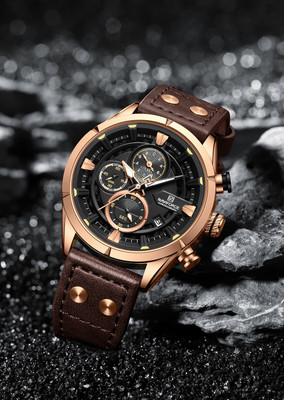NAVIFORCE 8045 Bold rosegold and brown color carbon fiber crafted dial design with chronograph Analog Watch  - For Men