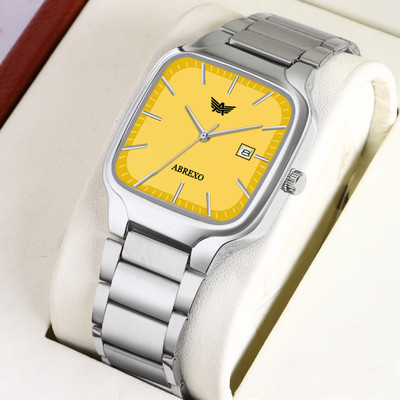 ABREXO Abx8873-Yellow Dial Date Watch ABREXO, Trending Square Silver Yellow Dial Date For Boys & Mens Analog Watch  - For Men