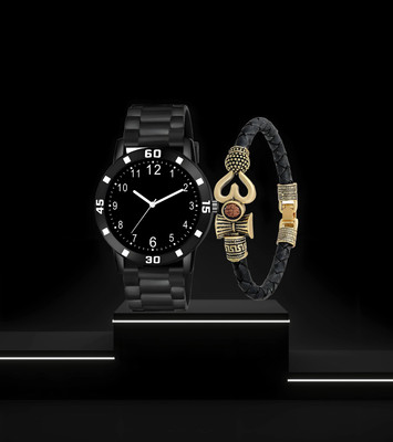 MAHAVIRA COLLECTION 202 12-52 with Damru Bracelet Branded Bracelet | Black Plated | Minimalist Slim Series | Premium Quality Analog Watch  - For Men