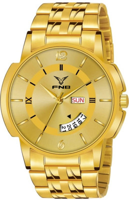 FNB FN-1119 Textured Gold Dial Day And Date Functioning HMTS Quartz Analog Watch  - For Men
