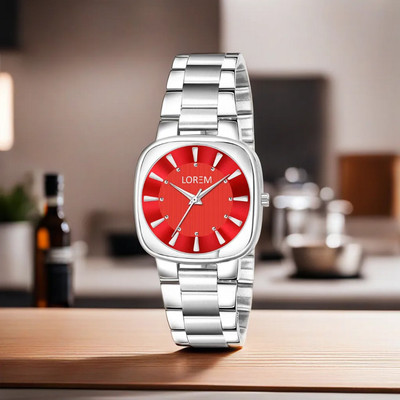 LOREM LR304 Formal Look Red Designer Dial Silver Metal Strap Round Analog Watch  - For Women