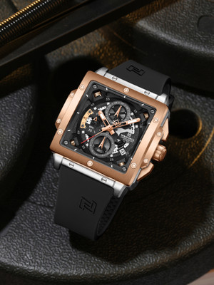 NAVIFORCE NF8064 Elegant Square Silver&Rosegold accents chronograph dial with Black Silicon strap Analog Watch  - For Men