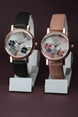 VIRAKTI High Quality Gorgeous Flower Designer Round Case Dial Attractive Leather Belt Women Analog Watch  - For Women