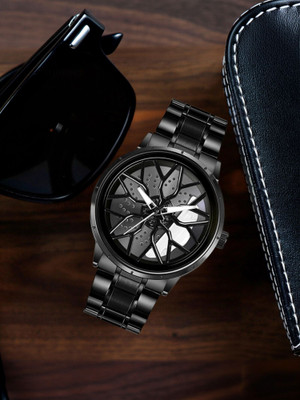 Spinner Men’s Rotating Wheel Dial Analog Watch A36 Car wheel watch | Spinning watch | Roatating watch | Gyro watch | Black watch Analog Watch  - For Men