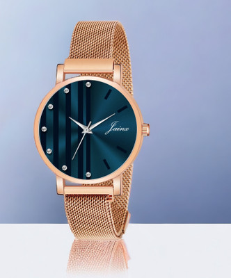 JAINX JW8611 Blue Dial Rose Gold Mesh Chain Analog Watch  - For Women