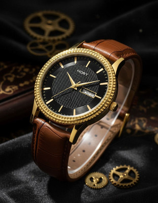homt Elegant Black Dial gold case Day-Date Display Quartz Analog watch for men Men Stylish Leather Day-Date Working Office Wear & Casual T1650YL02 Analog Watch  - For Men