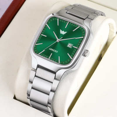 ABREXO Abx8874-Green Silver Date Watch Latest Design Square Green Dial Silver Quartz Date Working Watch For Boys Analog Watch  - For Men
