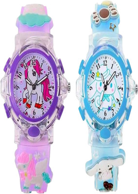 PICSKART KR-PINK-BLUE-TRANSPARENT-1 Analog Dial Cartoon 3D Printed Strap & Glowing Light Transparent Analog Watch  - For Boys & Girls