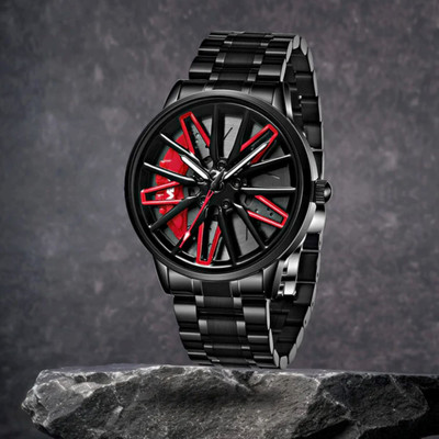 ABREXO Abx9981-All Black Watch Red Dial Car Wheel Watch ABREXO Rotating Dial Analog Watch for Men | Stylish Car Wheel |Quartz Movement Analog Watch  - For Men