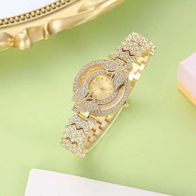 Elhify Butterfly Full Diamond Quartz Watch / Ladies Korean Fashion For Women Designer Gold Stone Studded Wrist Watch, Party wear stylish Analog watch, Analog Watch  - For Girls