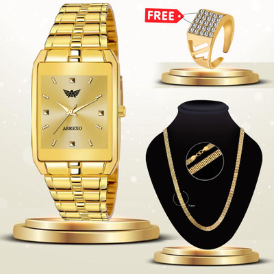 ABREXO Men's Rectangle Golden Watch Designer Chain & Ring Gold Special Combo For Boys Analog Watch  - For Men