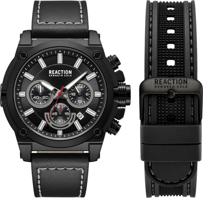 Kenneth Cole Reaction New Collection Chrono 3 Eyes Date Black Round Dial with Synthetic Leather & Silicon Band Analog Watch  - For Men